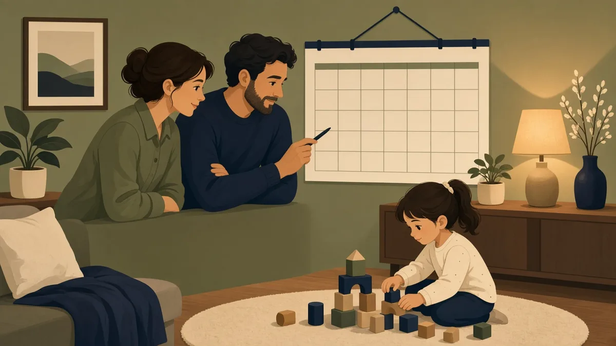 Akşam lambası altında anne ve babanın duvar takvimine bakarak haftayı planladığı, kızlarının yerde bloklarla oynadığı illüstrasyon