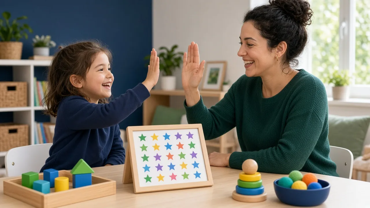 Çocuk ve terapist yıldızlı ödül tablosunun yanında çak yapıyor
