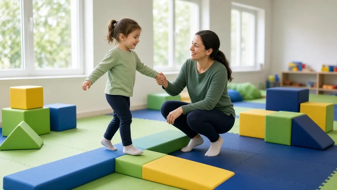 Fizyoterapist yumuşak minderli oyun salonunda çocuğun elinden tutarak denge parkurunda yürütüyor